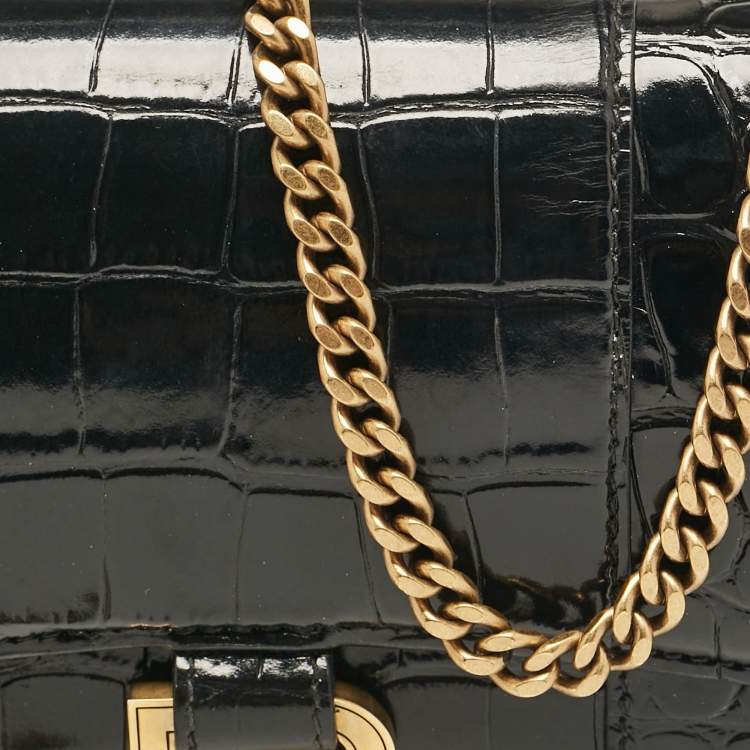 Pre Owned Balenciaga Black Croc Embossed Patent Leather Hourglass Wallet On Chain