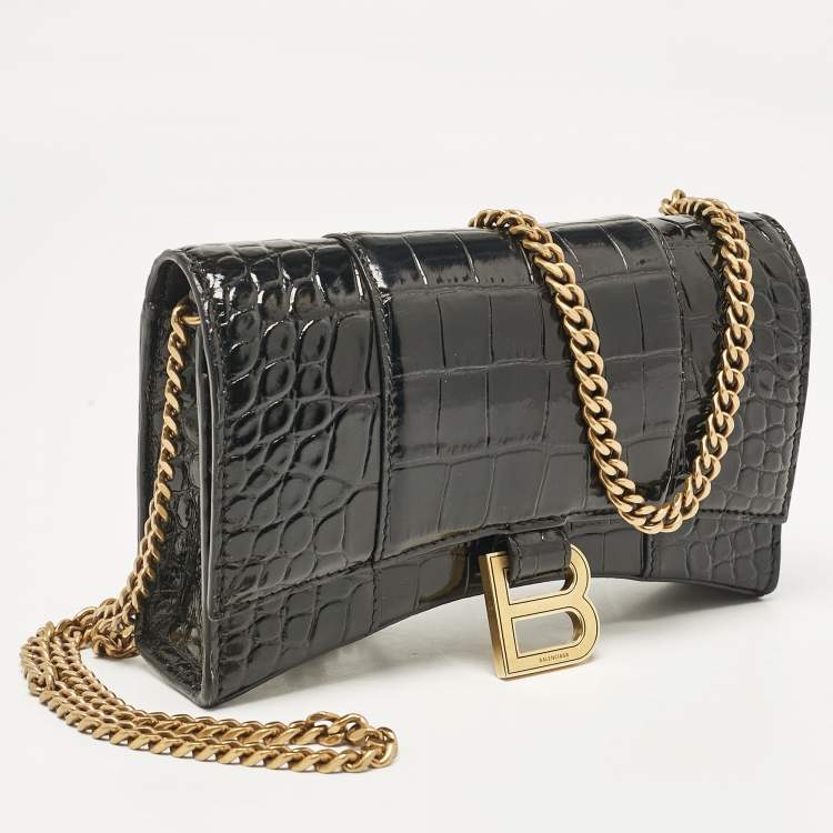 Pre Owned Balenciaga Black Croc Embossed Patent Leather Hourglass Wallet On Chain