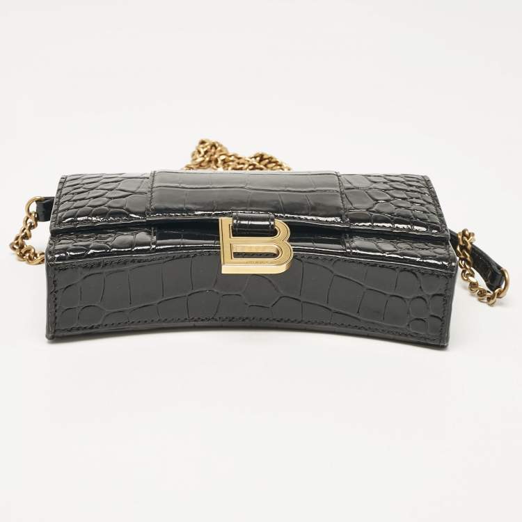 Pre Owned Balenciaga Black Croc Embossed Patent Leather Hourglass Wallet On Chain