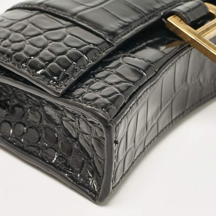 Pre Owned Balenciaga Black Croc Embossed Patent Leather Hourglass Wallet On Chain