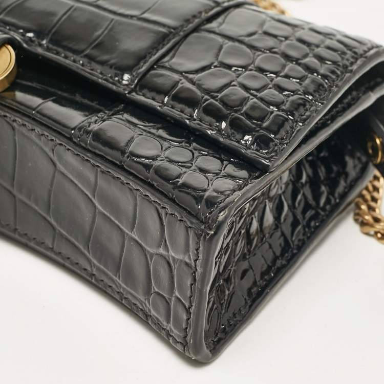 Pre Owned Balenciaga Black Croc Embossed Patent Leather Hourglass Wallet On Chain
