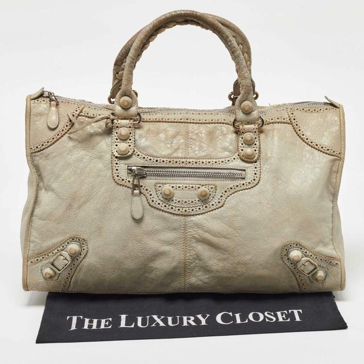 Pre Owned Balenciaga Light Grey Leather Brogue Work Tote