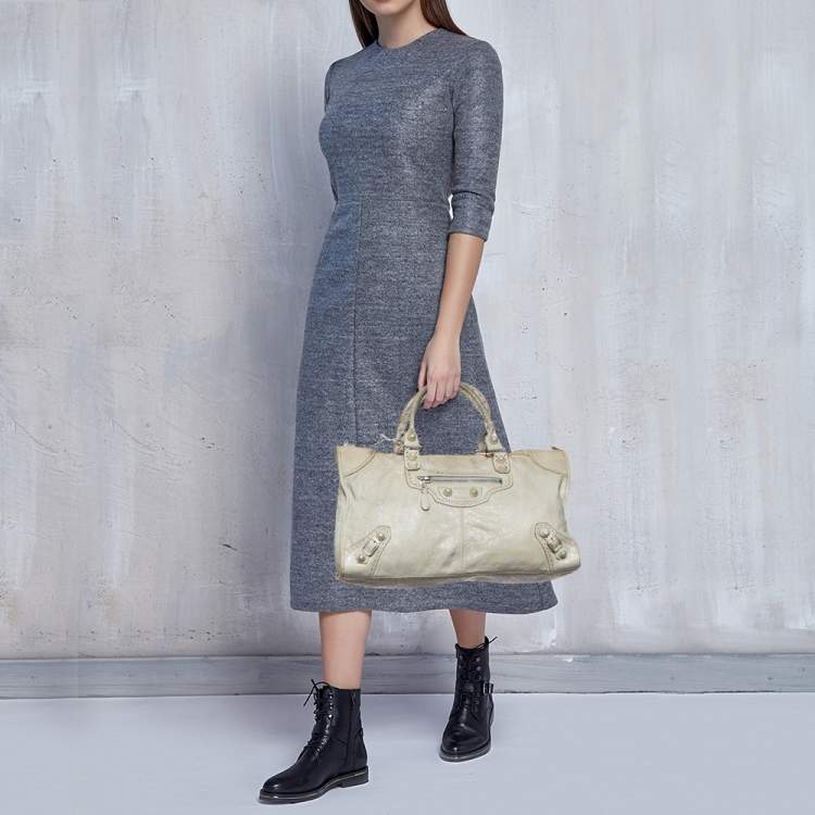 Pre Owned Balenciaga Light Grey Leather Brogue Work Tote