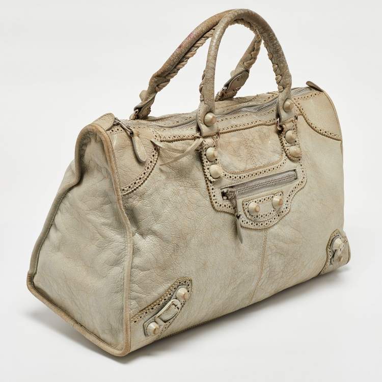 Pre Owned Balenciaga Light Grey Leather Brogue Work Tote
