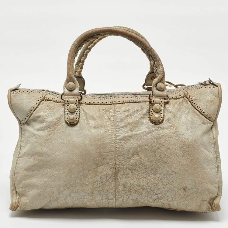 Pre Owned Balenciaga Light Grey Leather Brogue Work Tote