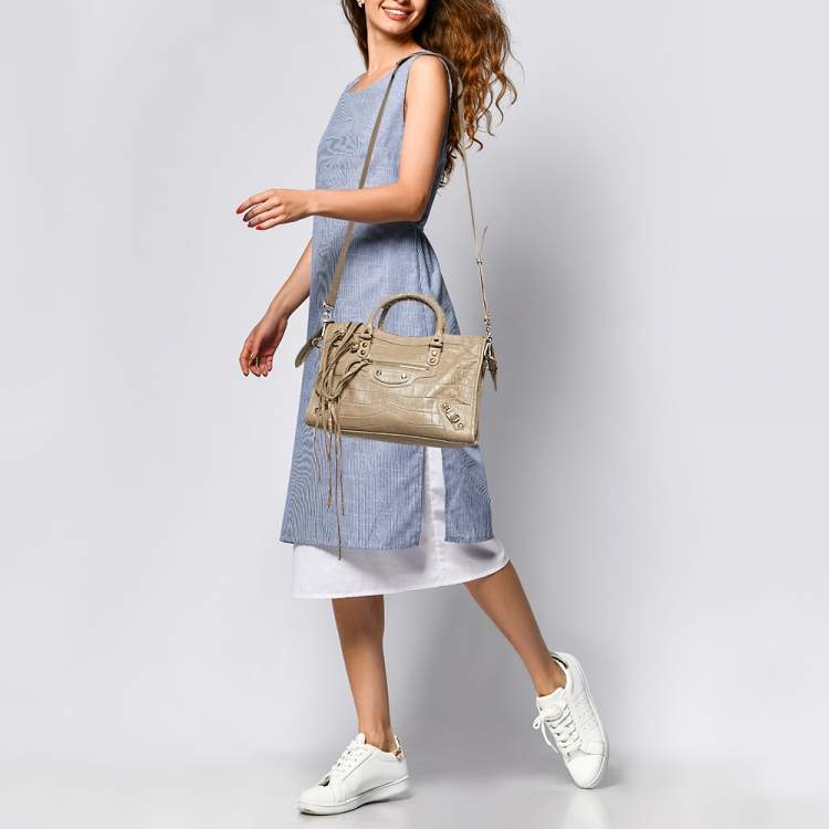 Pre Owned Balenciaga Beige Croc Embossed Leather Small Classic City Tote