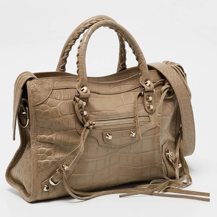 Pre Owned Balenciaga Beige Croc Embossed Leather Small Classic City Tote