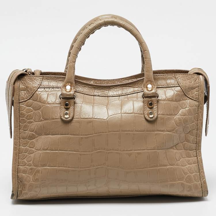 Pre Owned Balenciaga Beige Croc Embossed Leather Small Classic City Tote