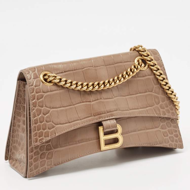 Pre Owned Balenciaga Beige Croc Embossed Leather Small Crush Shoulder Bag