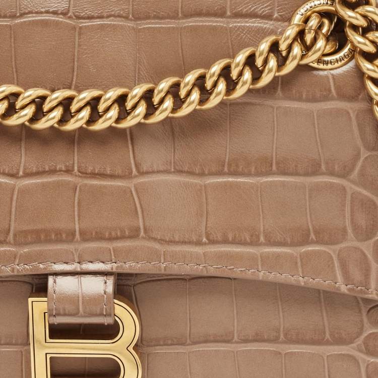 Pre Owned Balenciaga Beige Croc Embossed Leather Small Crush Shoulder Bag