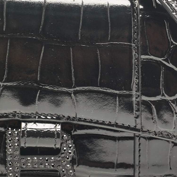 Pre Owned Balenciaga Black Croc Embossed Leather XS Embellished Hourglass Top Handle Bag