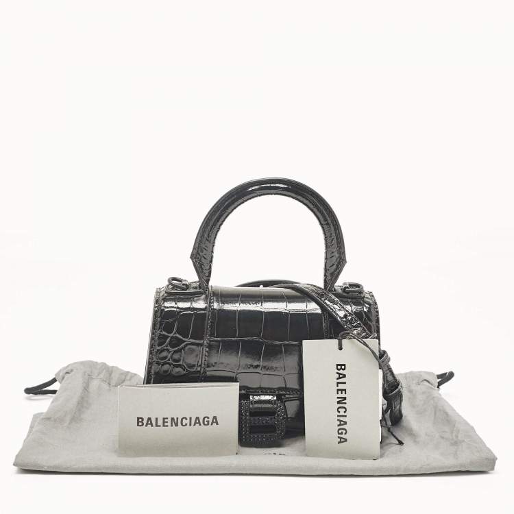 Pre Owned Balenciaga Black Croc Embossed Leather XS Embellished Hourglass Top Handle Bag
