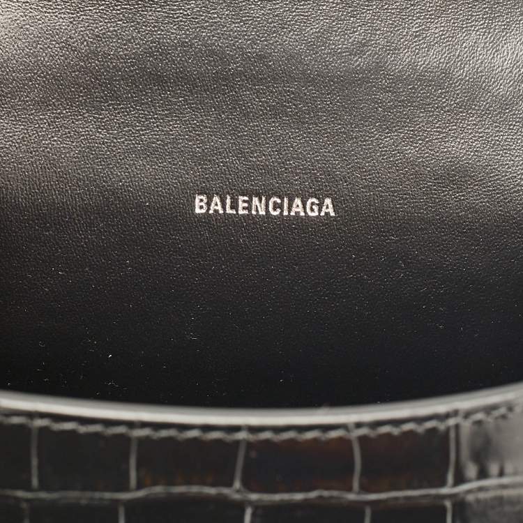 Pre Owned Balenciaga Black Croc Embossed Leather XS Embellished Hourglass Top Handle Bag
