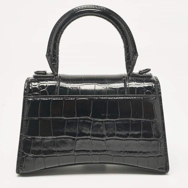 Pre Owned Balenciaga Black Croc Embossed Leather XS Embellished Hourglass Top Handle Bag