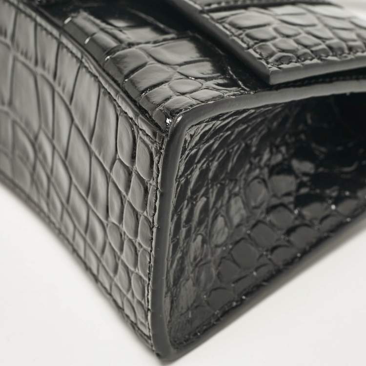 Pre Owned Balenciaga Black Croc Embossed Leather XS Embellished Hourglass Top Handle Bag