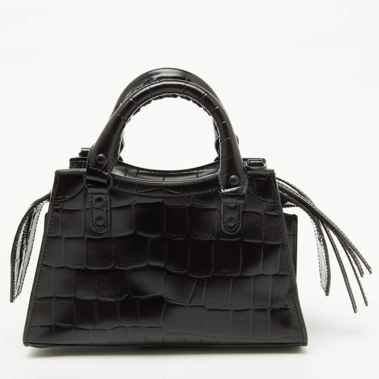 Pre Owned Balenciaga Black Croc Embossed Leather Mini Neo Classic Shoulder Bag
