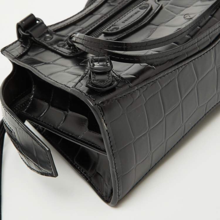 Pre Owned Balenciaga Black Croc Embossed Leather Mini Neo Classic Shoulder Bag