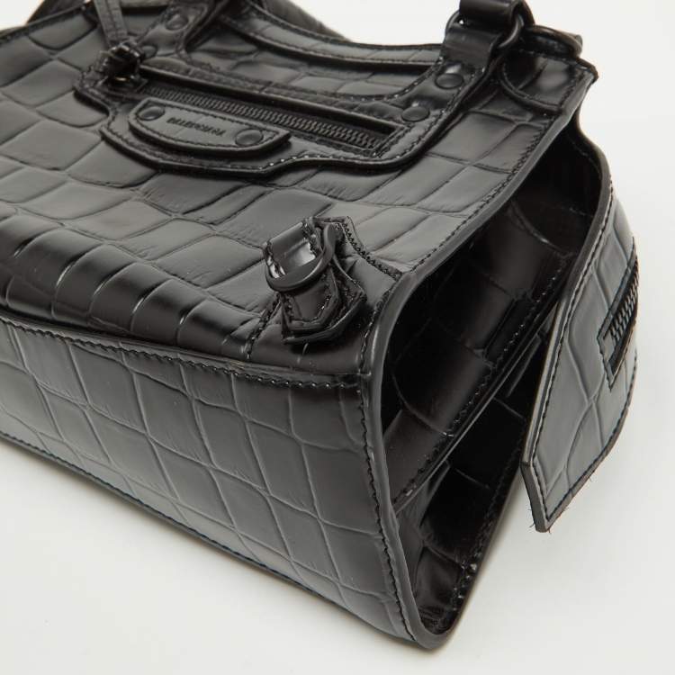 Pre Owned Balenciaga Black Croc Embossed Leather Mini Neo Classic Shoulder Bag