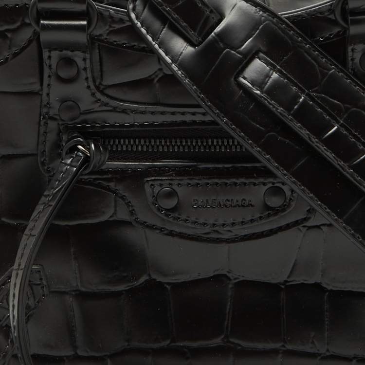 Pre Owned Balenciaga Black Croc Embossed Leather Mini Neo Classic Shoulder Bag