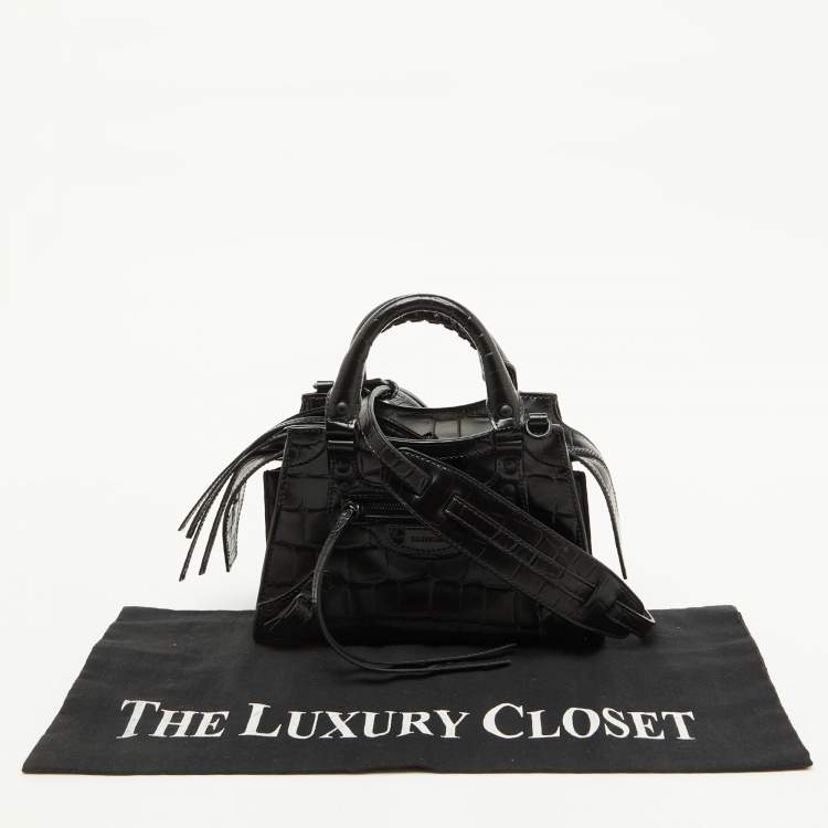 Pre Owned Balenciaga Black Croc Embossed Leather Mini Neo Classic Shoulder Bag