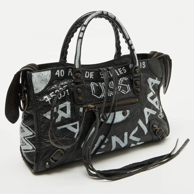 Pre Owned Balenciaga Black Leather Graffiti Print Classic Small City RH Tote