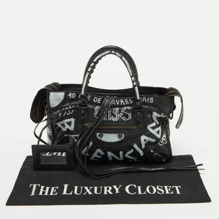 Pre Owned Balenciaga Black Leather Graffiti Print Classic Small City RH Tote