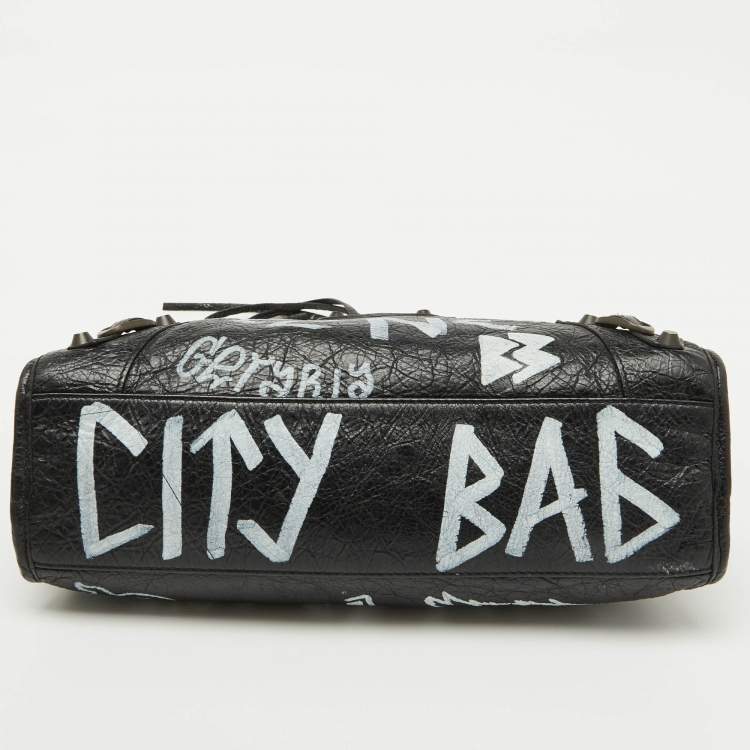 Pre Owned Balenciaga Black Leather Graffiti Print Classic Small City RH Tote