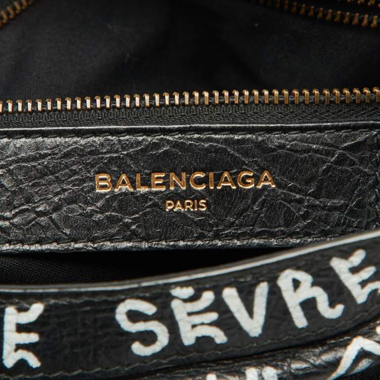 Pre Owned Balenciaga Black Leather Graffiti Print Classic Small City RH Tote