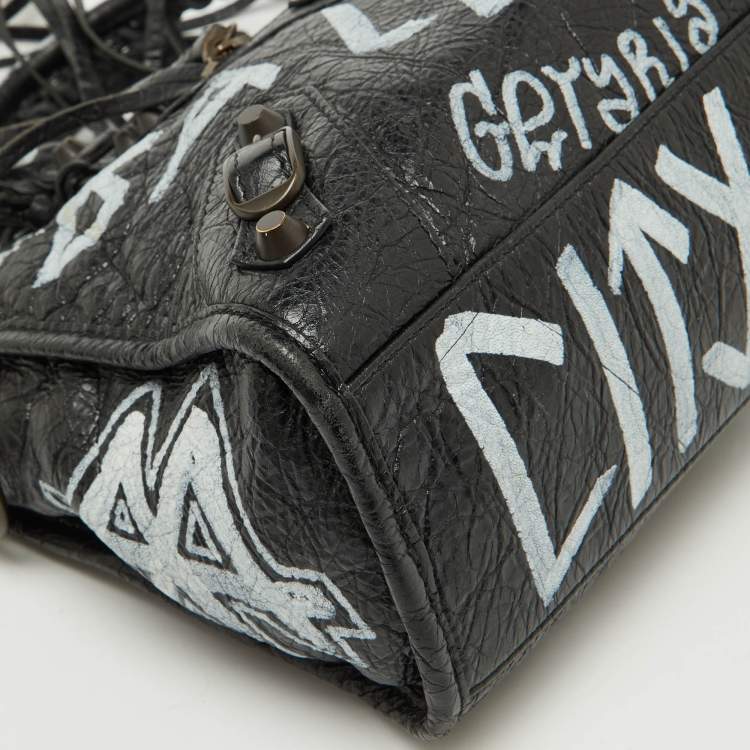Pre Owned Balenciaga Black Leather Graffiti Print Classic Small City RH Tote