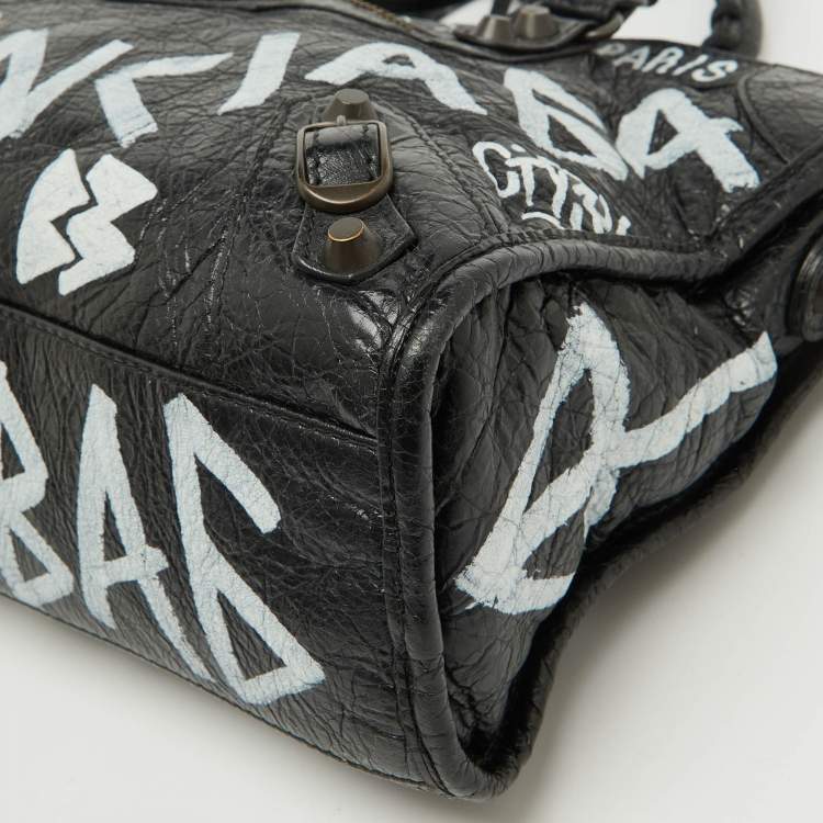 Pre Owned Balenciaga Black Leather Graffiti Print Classic Small City RH Tote