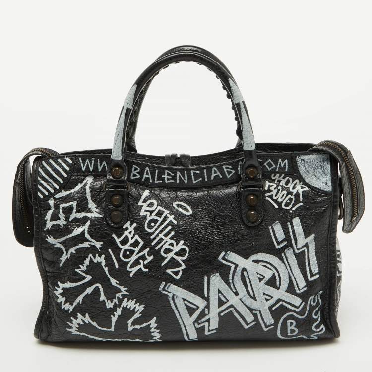 Pre Owned Balenciaga Black Leather Graffiti Print Classic Small City RH Tote