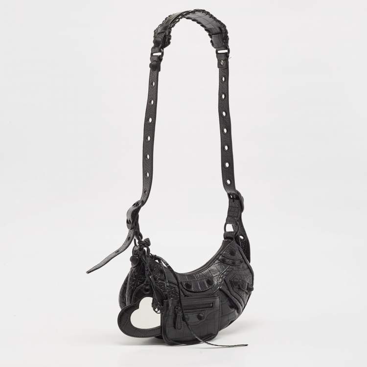 Pre Owned Balenciaga Black Croc Embossed Leather XS Le Cagole Shoulder Bag