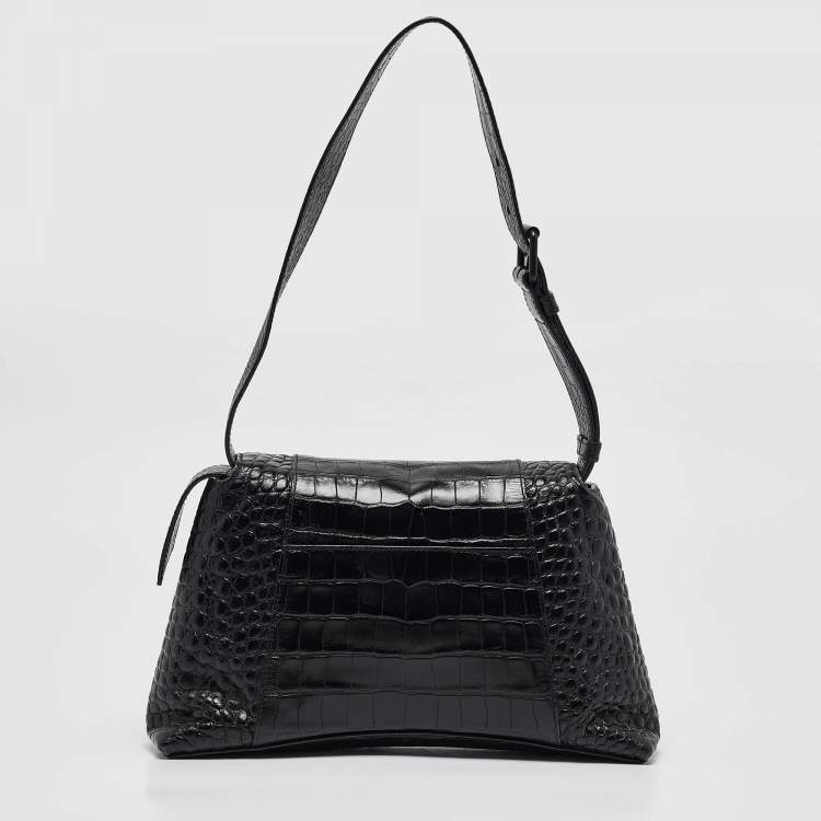 Pre Owned Balenciaga Black Croc Embossed Leather Small Soft Hourglass Shoulder Bag