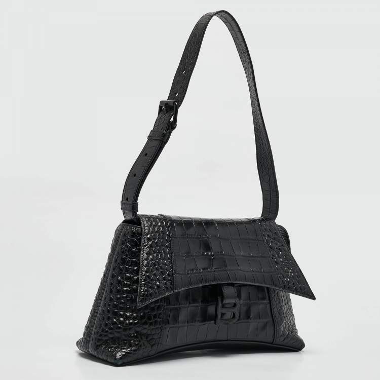 Pre Owned Balenciaga Black Croc Embossed Leather Small Soft Hourglass Shoulder Bag