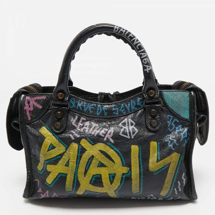 Pre Owned Balenciaga Black Graffiti Leather Mini RH Classic City Bag