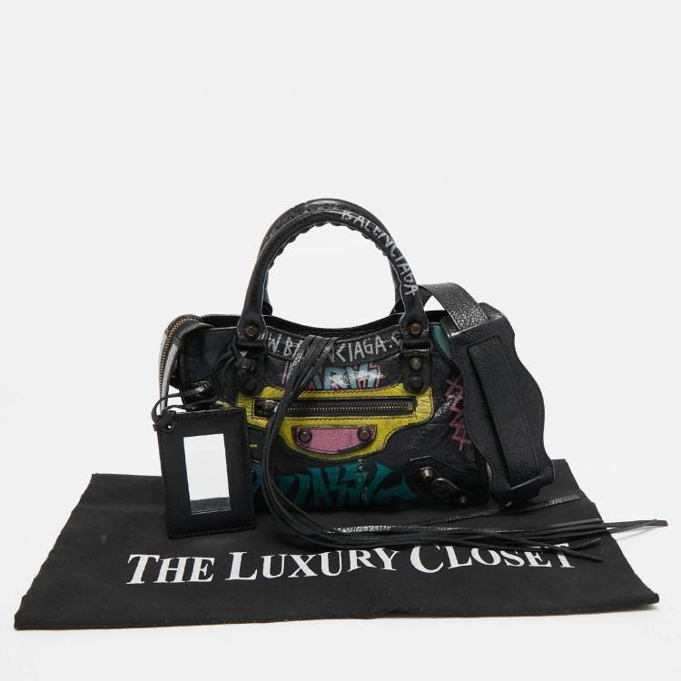 Pre Owned Balenciaga Black Graffiti Leather Mini RH Classic City Bag