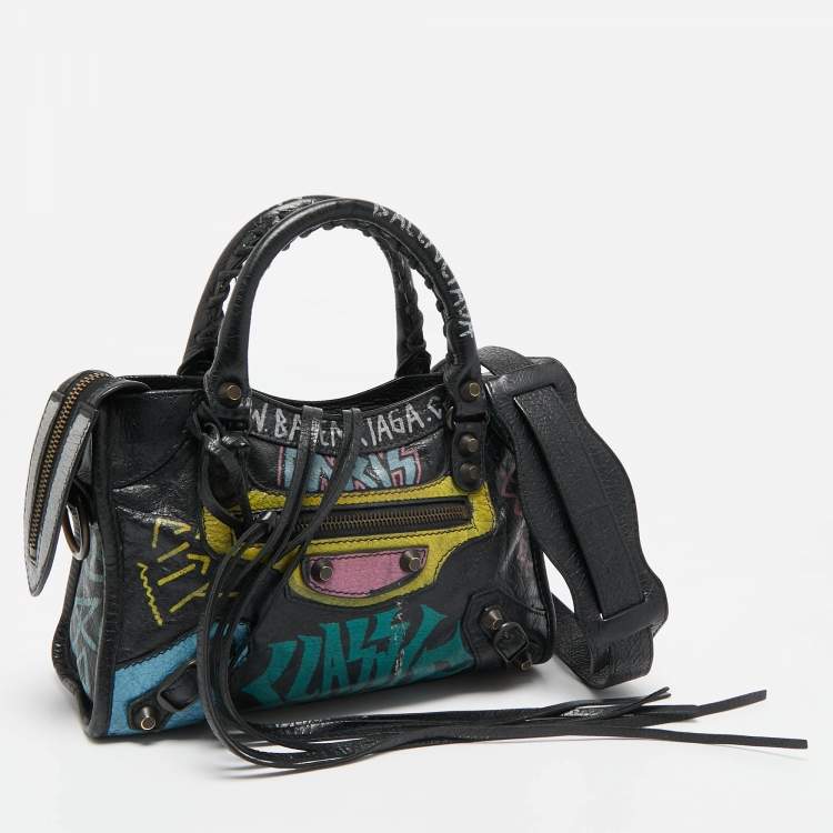 Pre Owned Balenciaga Black Graffiti Leather Mini RH Classic City Bag