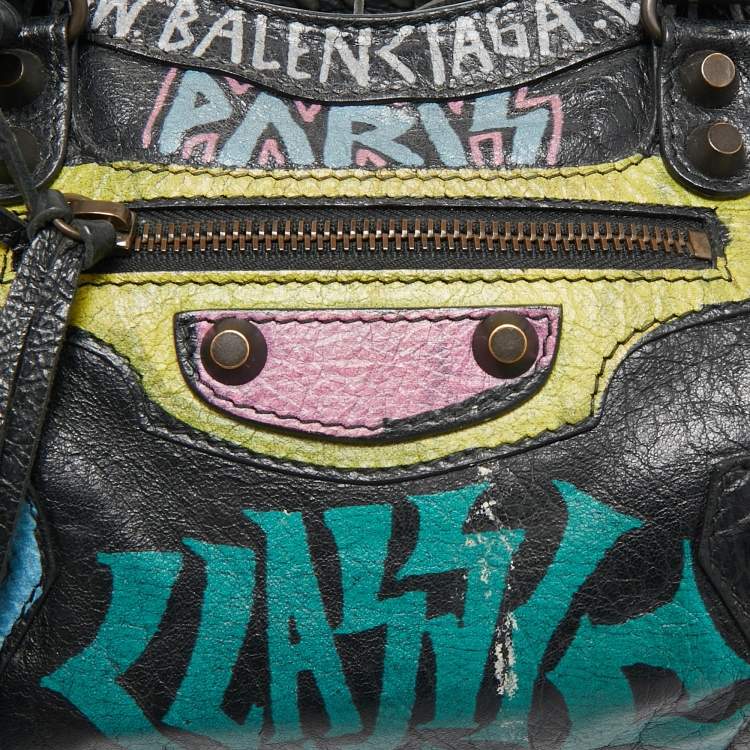 Pre Owned Balenciaga Black Graffiti Leather Mini RH Classic City Bag