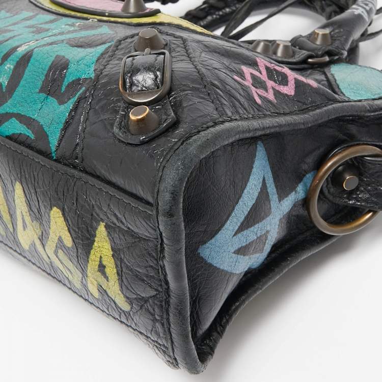 Pre Owned Balenciaga Black Graffiti Leather Mini RH Classic City Bag