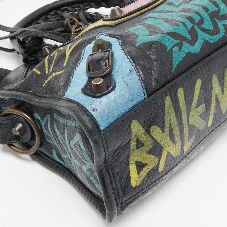 Pre Owned Balenciaga Black Graffiti Leather Mini RH Classic City Bag