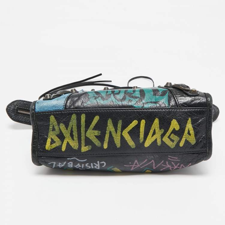 Pre Owned Balenciaga Black Graffiti Leather Mini RH Classic City Bag