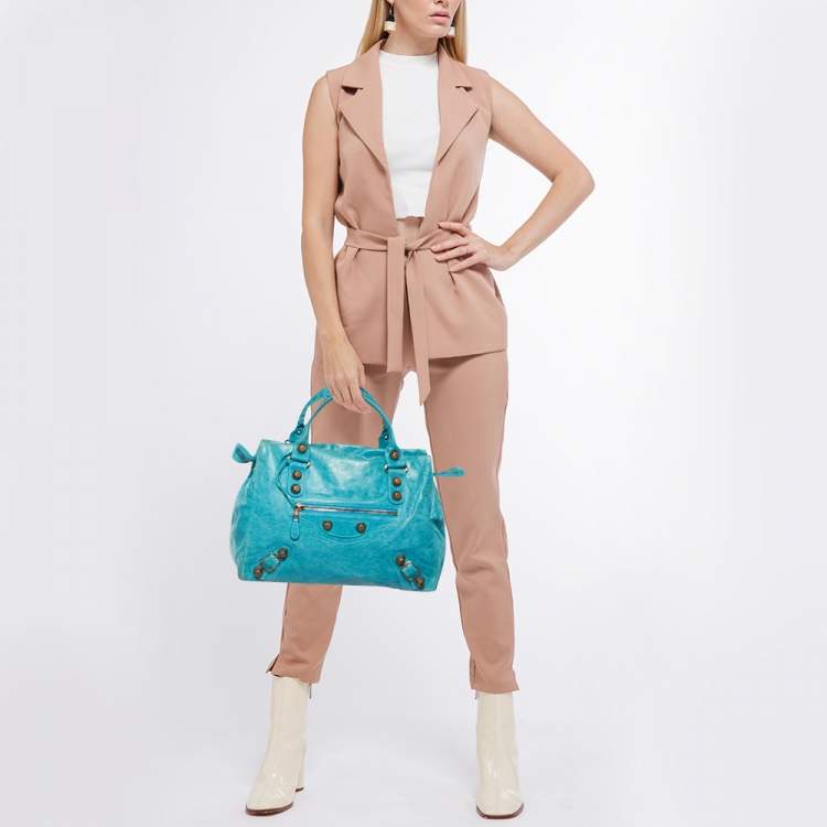 Pre Owned Balenciaga Sky Blue Leather Giant 21 Rose Gold Hardware RTT Bag