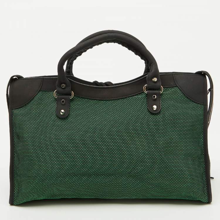 Pre Owned Balenciaga Green/Black Woven Fabric and Leather Classic City Bag