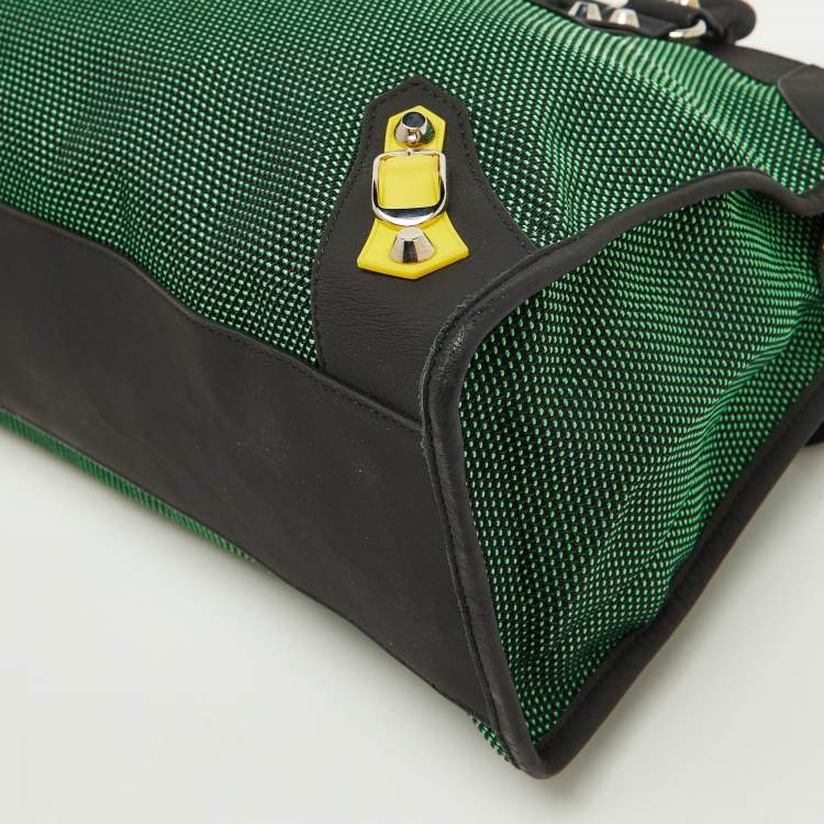 Pre Owned Balenciaga Green/Black Woven Fabric and Leather Classic City Bag