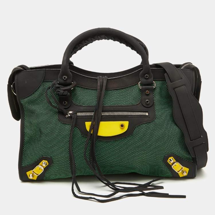Pre Owned Balenciaga Green/Black Woven Fabric and Leather Classic City Bag