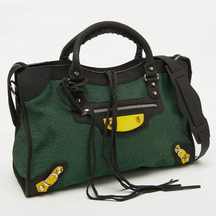 Pre Owned Balenciaga Green/Black Woven Fabric and Leather Classic City Bag