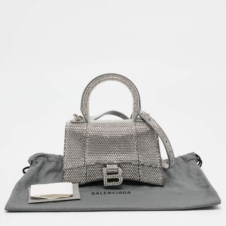 Pre Owned Balenciaga Silver Suede and Crystals  XS Hourglass Top Handle Bag