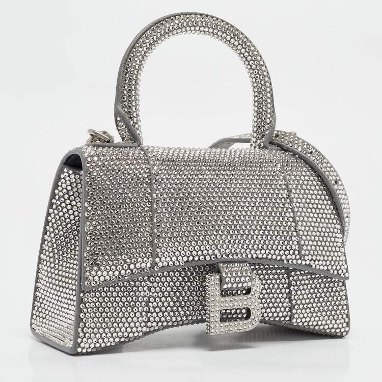 Pre Owned Balenciaga Silver Suede and Crystals  XS Hourglass Top Handle Bag