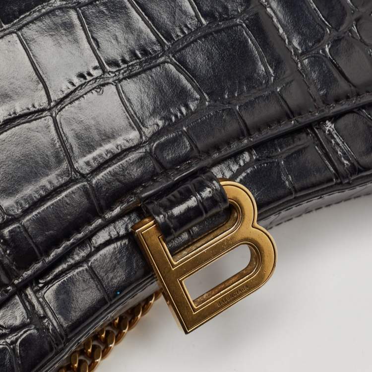 Pre Owned Balenciaga Black Croc Embossed Leather XS Hourglass Wallet on Chain