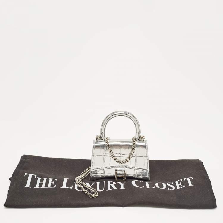 Pre Owned Balenciaga Silver Patent Leather Nano Hourglass Top Handle Bag